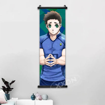 Blue lock isagi chigiri canvas scroll wall art features a young man with brown hair and green eyes in a blue jersey