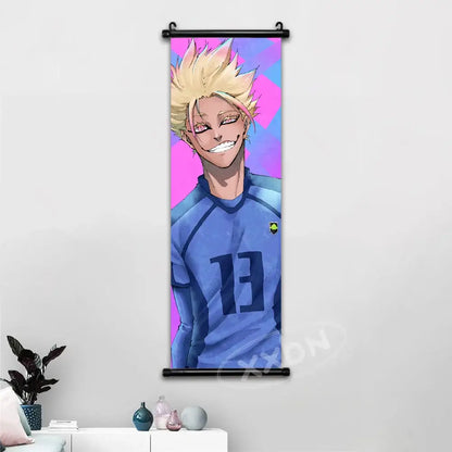 Vibrant anime-style wall art canvas scroll featuring blue lock isagi chigiri with spiky blonde hair and blue jersey number 13
