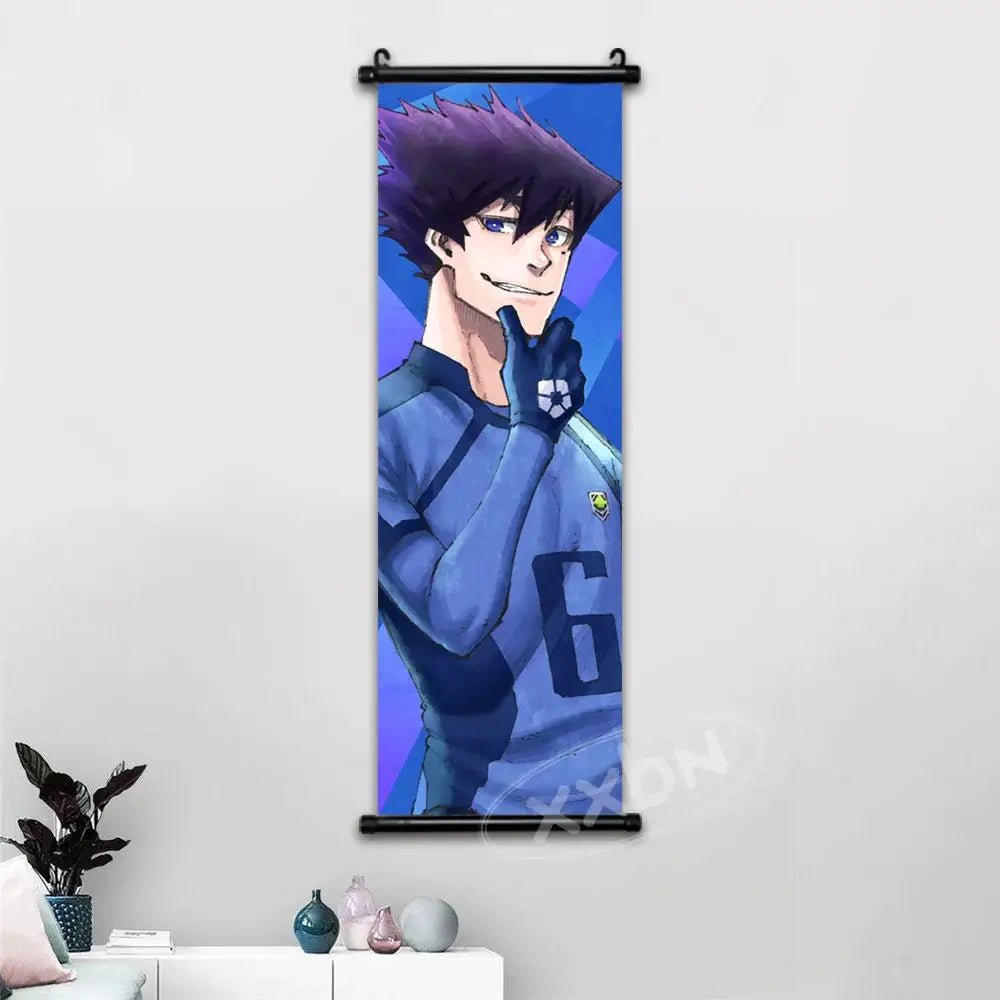 Blue lock isagi chigiri wall art canvas scroll featuring a young man with spiky purple hair in a light blue jersey number 6