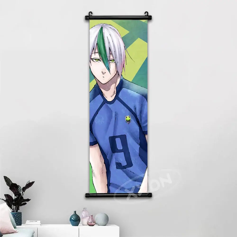 Vertical anime-style wall art featuring blue lock isagi chigiri with silver green hair in a blue sports jersey number 9