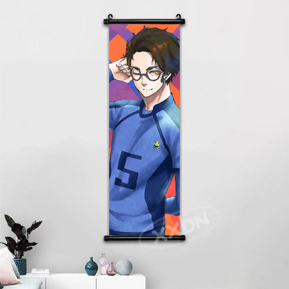 Vibrant blue lock isagi chigiri canvas scroll wall art featuring young man in blue athletic jersey number 5 on geometric background
