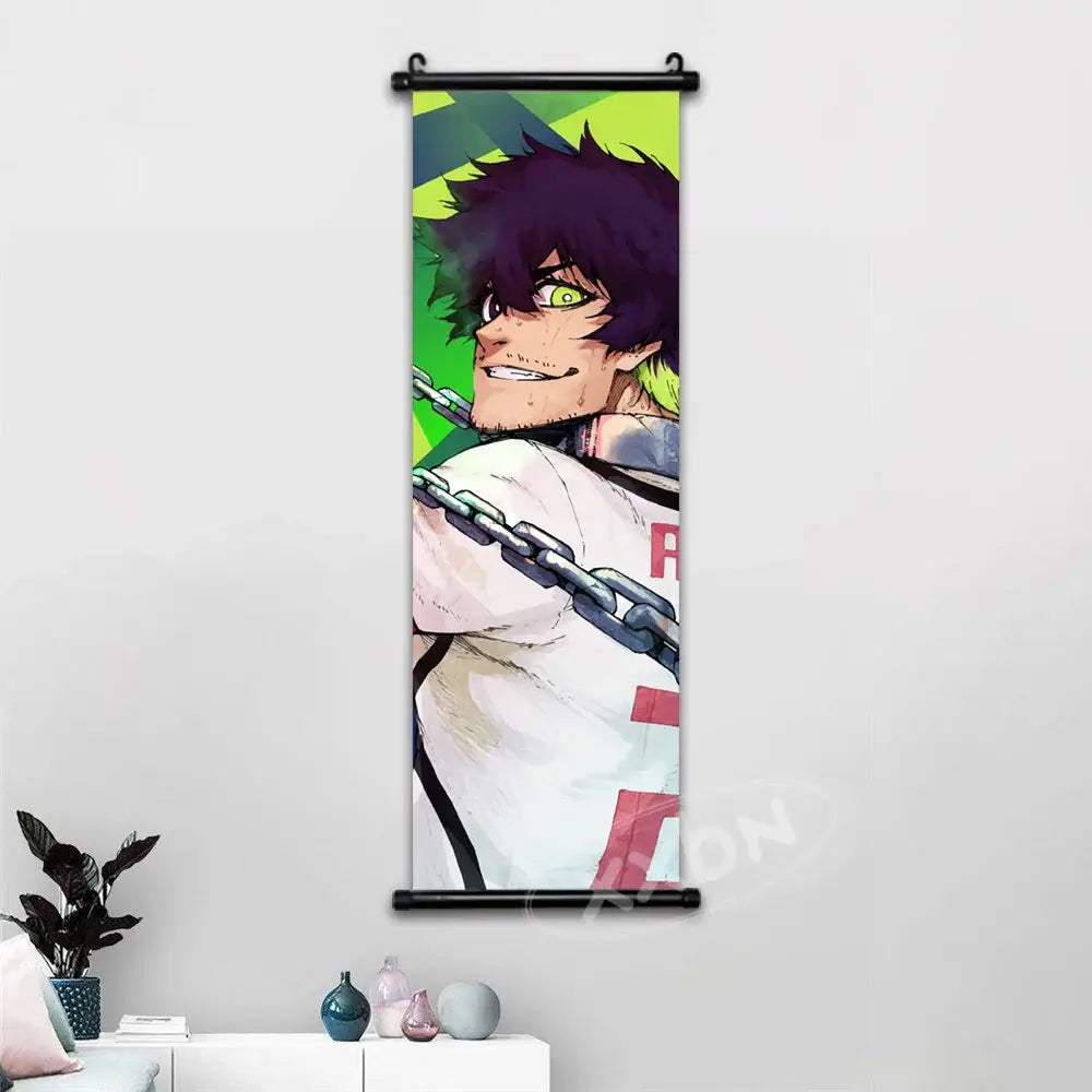 Blue lock isagi chigiri canvas scroll wall art featuring vibrant green and white anime character with spiky dark hair and glowing eyes