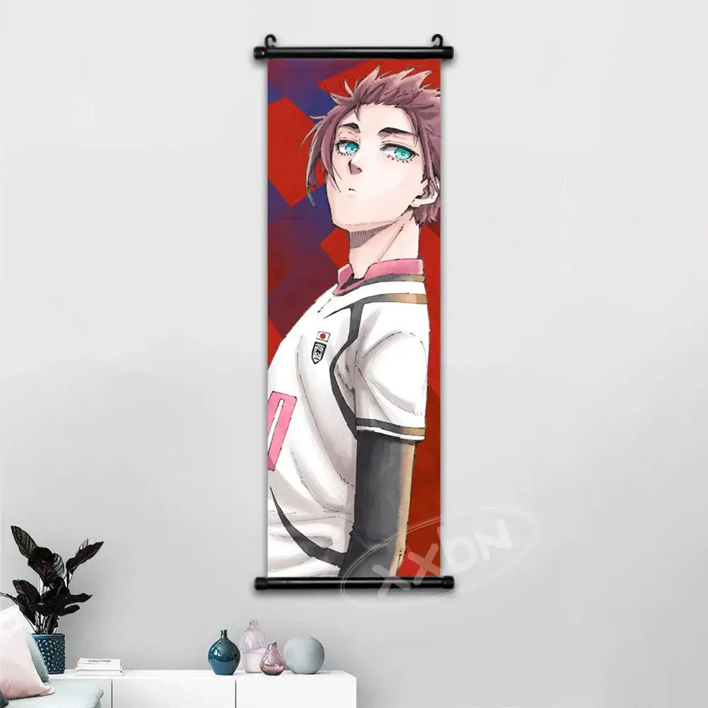 Blue lock isagi chigiri canvas scroll wall art featuring a young man in a white soccer jersey with turquoise eyes