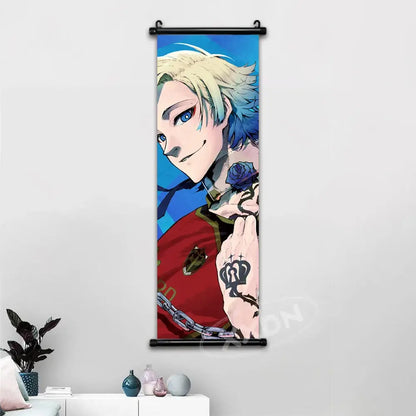 Blue lock isagi chigiri canvas scroll wall art featuring blonde figure in red holding blue rose on black roller hardware