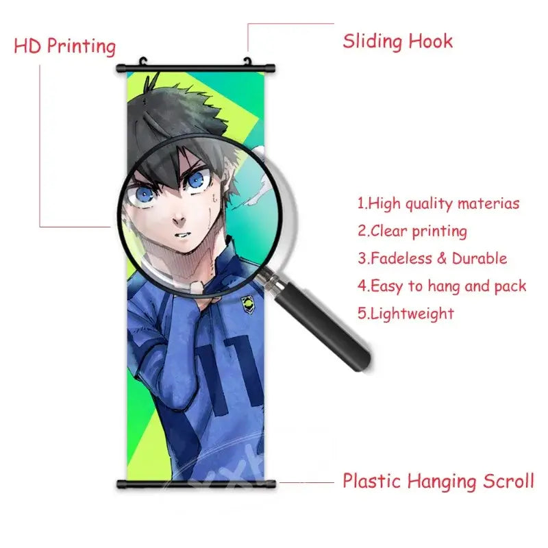 Blue lock isagi canvas scroll wall art featuring a blue anime character with green and yellow hanging scroll background