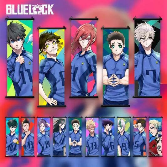 Blue lock isagi chigiri canvas scroll wall art features vibrant roll-up wall hangings with colorful team uniform illustrations