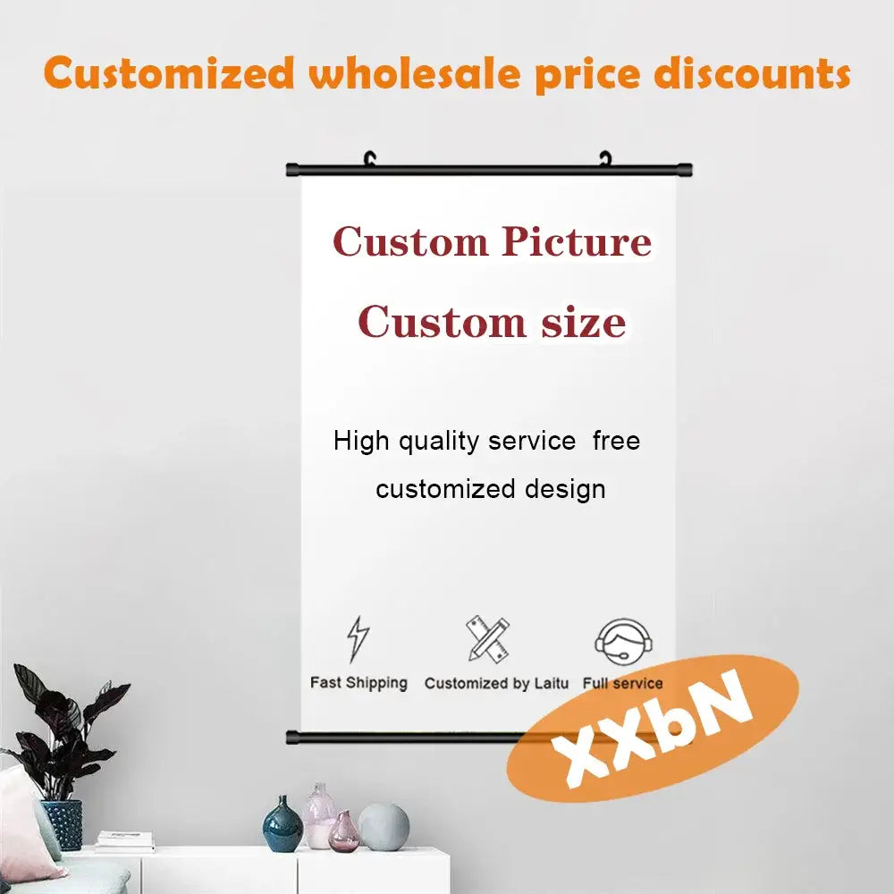 White canvas scroll with black metal frame and red text advertising customizable picture printing wall art blue lock isagi