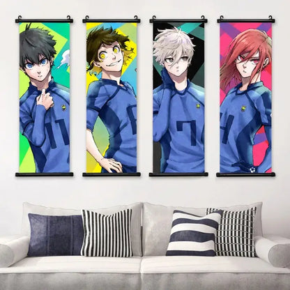 Blue lock isagi chigiri canvas scroll wall art features four male anime characters in blue sports jerseys with bold numbers