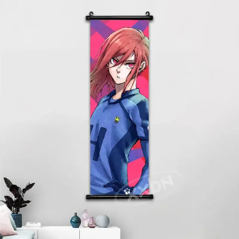 Vertical anime-style wall art featuring red-haired lock isagi chigiri in blue jersey from blue lock isagi canvas scroll