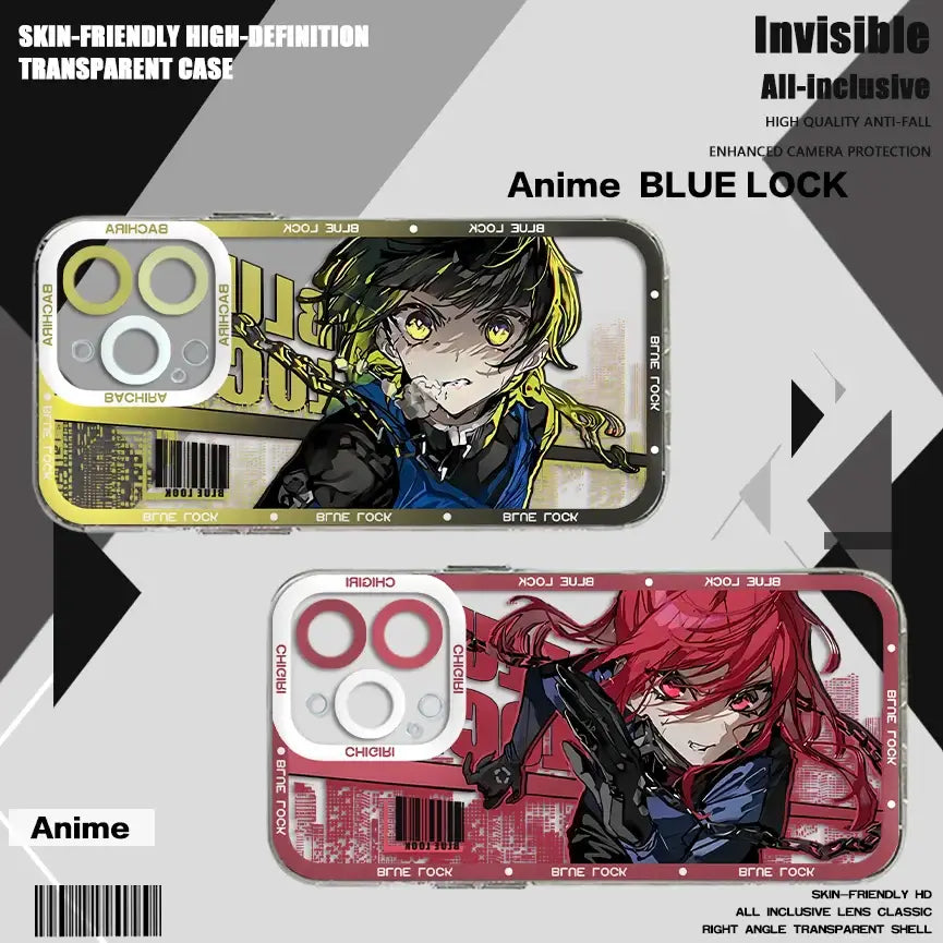 Back side of transparent blue lock isagi yoichi phone case with yellow black and red black anime character designs and camera cutouts