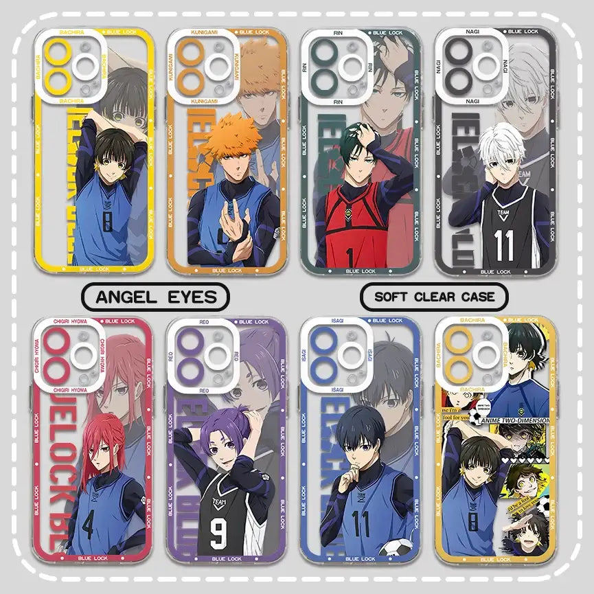 Anime-themed transparent phone cases featuring blue lock isagi yoichi with distinct color designs on the back side