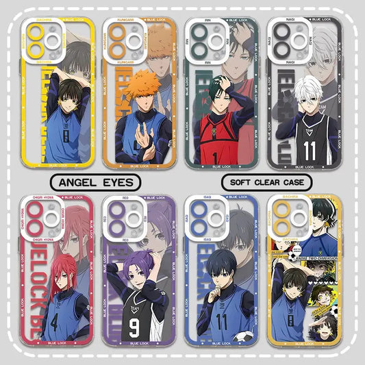Anime-themed transparent phone cases featuring blue lock isagi yoichi with distinct color designs on the back side