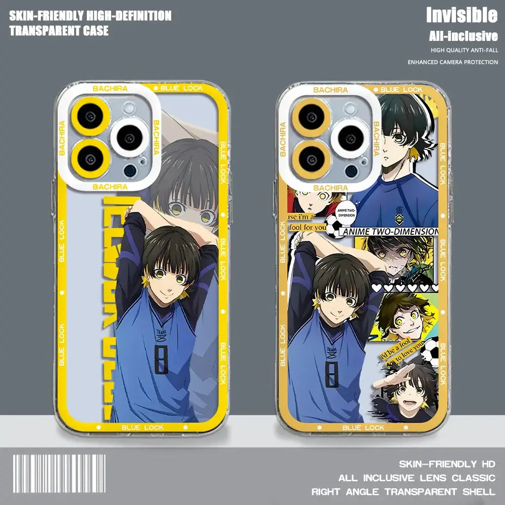 Clear transparent phone case with vibrant yellow trim featuring blue lock isagi yoichi anime character design
