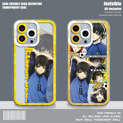 Clear transparent phone case with vibrant yellow trim featuring blue lock isagi yoichi anime character design