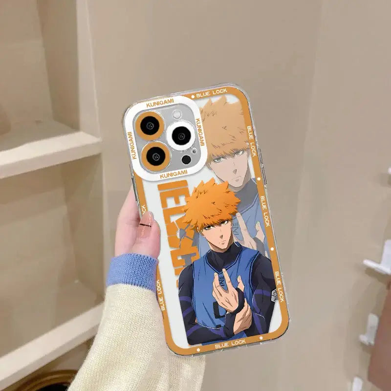 Back side of transparent orange and blue anime phone case featuring blue lock isagi yoichi with kunigami text around camera