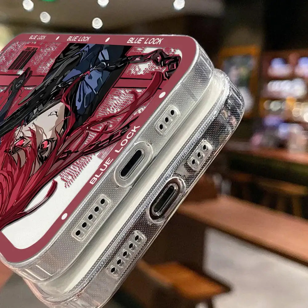 Transparent phone case with red and black anime design featuring blue lock isagi yoichi branding on the back side