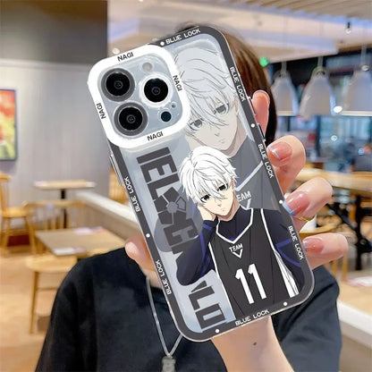 Clear phone case featuring black and white blue lock isagi yoichi anime designs and silver text on transparent cover back side