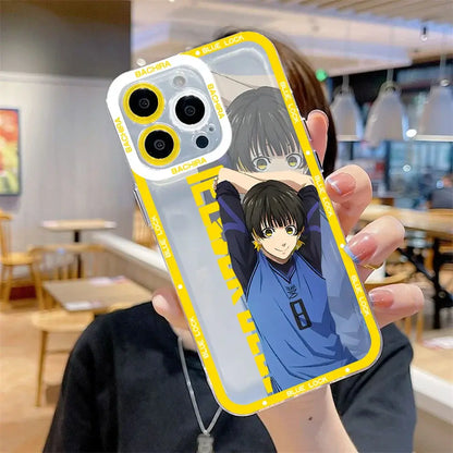 Back side of clear phone case with yellow trim featuring blue lock isagi yoichi anime design and bachira branding