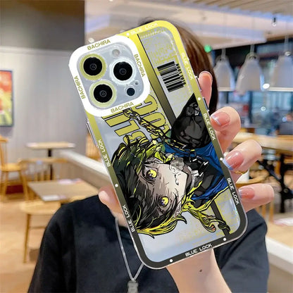 Back side of clear phone case featuring vibrant blue lock isagi yoichi anime illustration with green hair and yellow eyes
