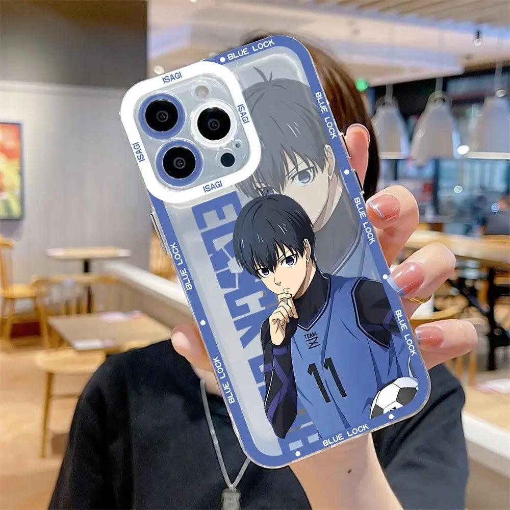 Transparent phone case featuring blue lock isagi yoichi in soccer uniform with number 11 and bold white text edges