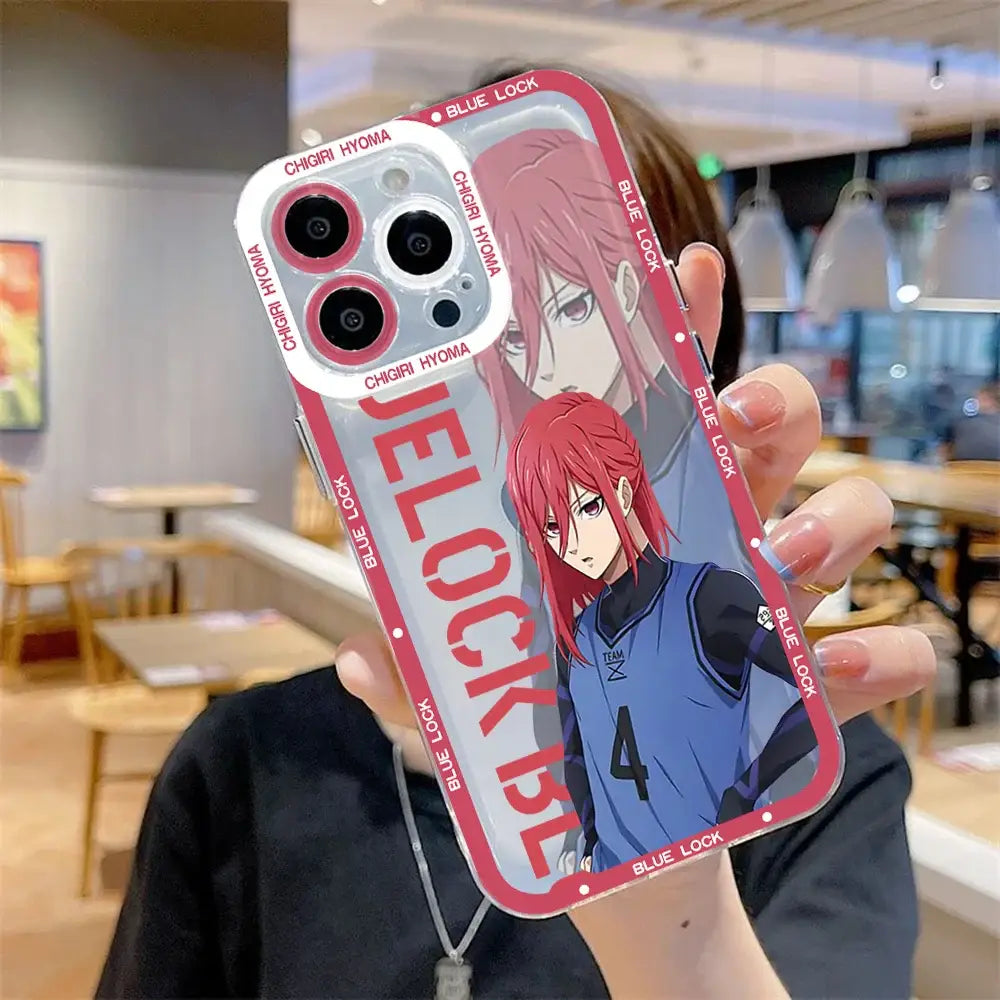 Clear phone case with red trim featuring blue lock isagi yoichi anime design and pink-haired figure in blue jersey number 4