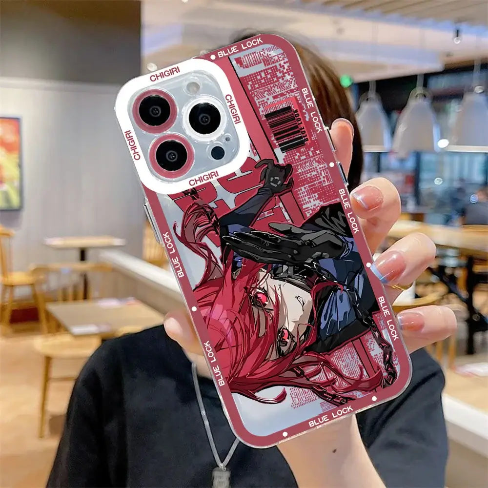 Back side of red and black glossy blue lock isagi yoichi phone case with transparent camera cutout and anime design