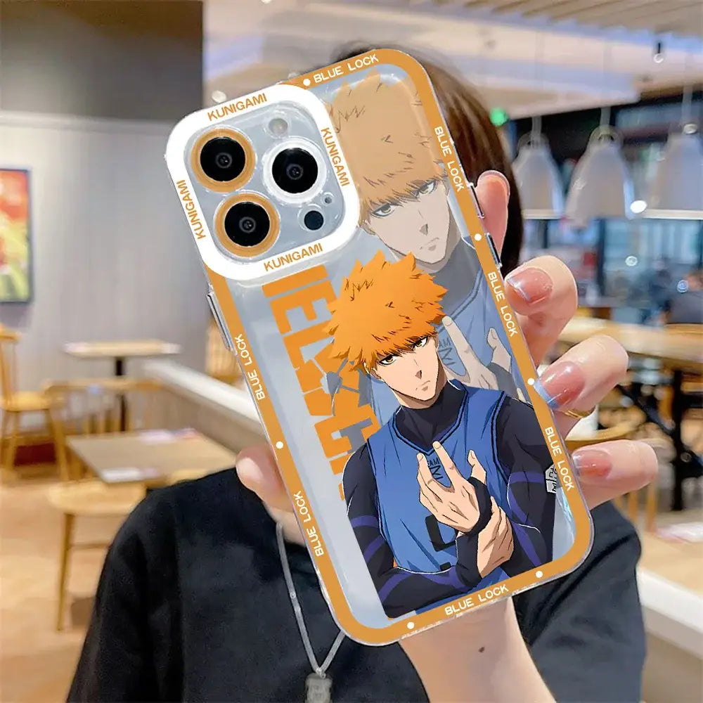 Transparent phone case with orange and blue anime design featuring blue lock isagi yoichi branding on the back side