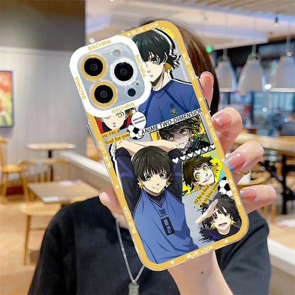 Back of a vibrant yellow blue lock isagi yoichi phone case with anime characters clear glossy finish and white text accents
