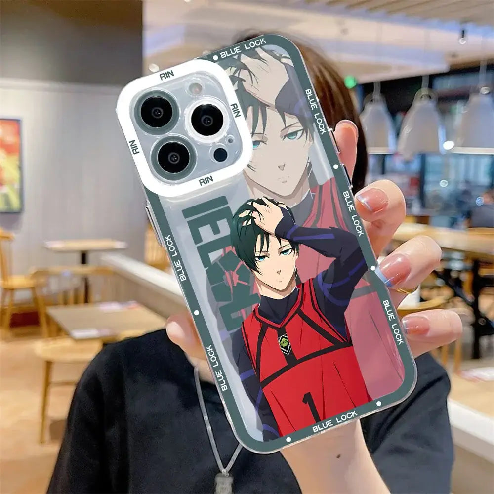 Transparent blue lock isagi yoichi phone case featuring anime characters in red and black uniforms with white text edges