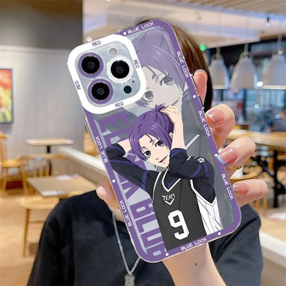 Back side of a transparent purple and clear blue lock isagi yoichi phone case featuring the character in a black jersey number 9