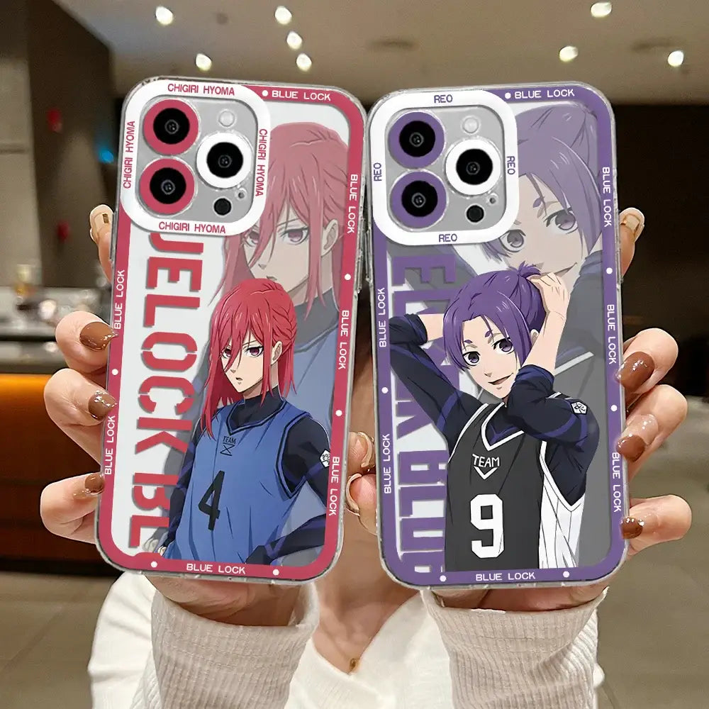Two translucent blue lock phone cases featuring isagi yoichi and another anime character on transparent covers