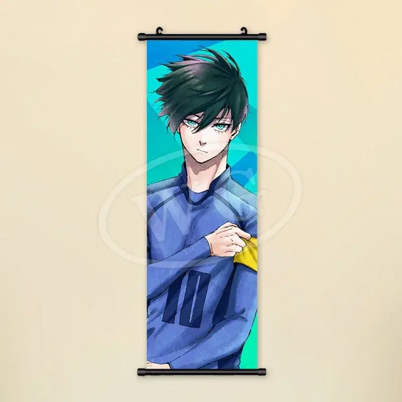 Blue lock scroll painting canvas featuring young man with spiky black hair green eyes in blue sports jersey wall art