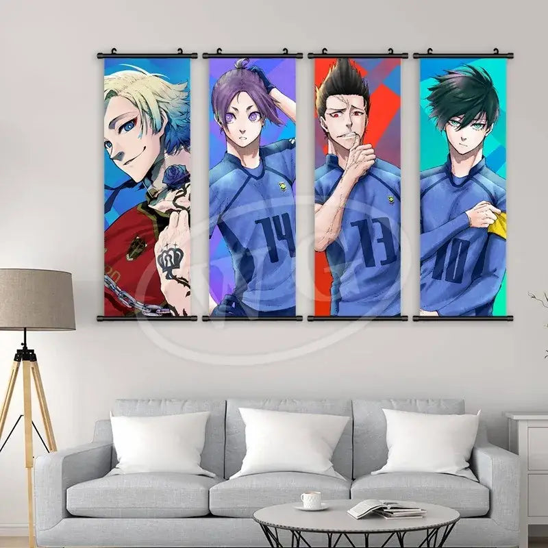 Blue lock scroll painting canvas wall art featuring four vertical anime characters in blue jerseys with colored backgrounds