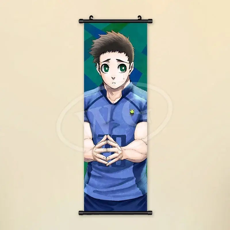 Blue lock wall art scroll painting canvas featuring young man with brown hair green eyes in blue sports jersey