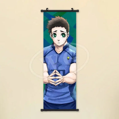 Blue lock wall art scroll painting canvas featuring young man with brown hair green eyes in blue sports jersey