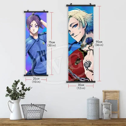 Two blue lock anime scroll painting canvas wall art featuring isagi yoichi and reo mikage with vibrant colors