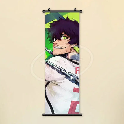 Blue lock scroll painting canvas featuring anime character with spiky dark hair green eyes on lime green background wall art