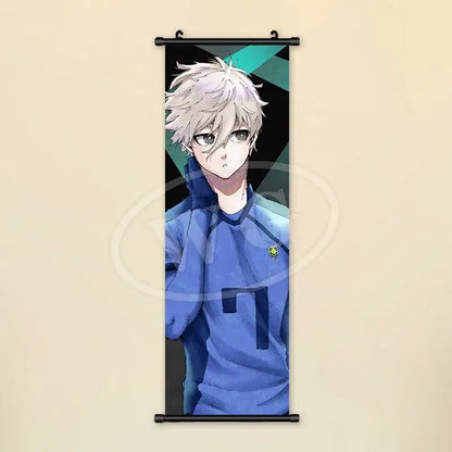Blue lock scroll painting canvas featuring silver-haired anime character in blue jersey number 7 wall art