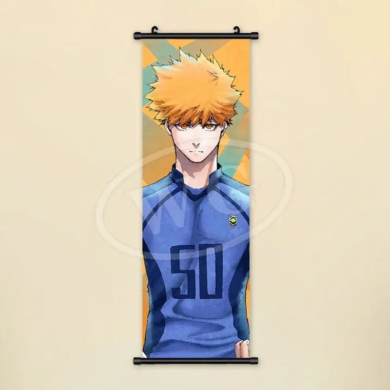 Vertical blue lock scroll painting canvas wall art featuring a character with spiky orange hair in a blue jersey number 50