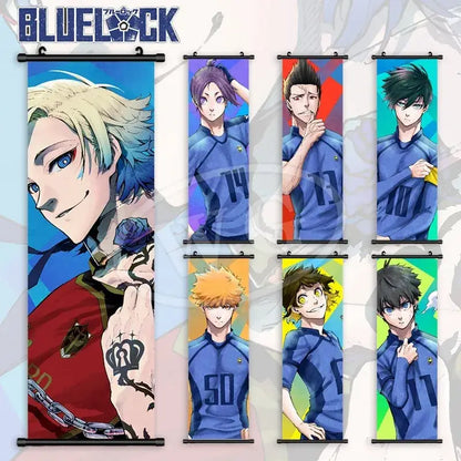 Blue lock wall art scroll painting canvas featuring blue and red anime characters isagi yoichi and reo mikage
