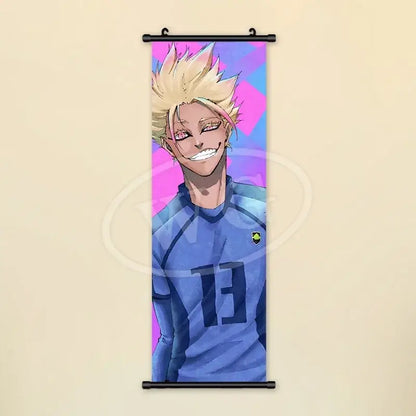 A blue lock wall art scroll painting canvas featuring spiky blonde anime character in blue jersey number 13 on pink purple background