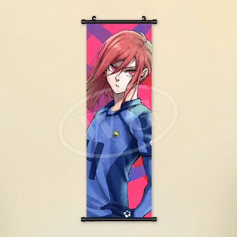 Blue lock wall art scroll painting canvas featuring a red-haired character in a blue sports jersey on vibrant background