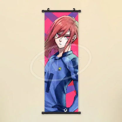 Blue lock wall art scroll painting canvas featuring a red-haired character in a blue sports jersey on vibrant background