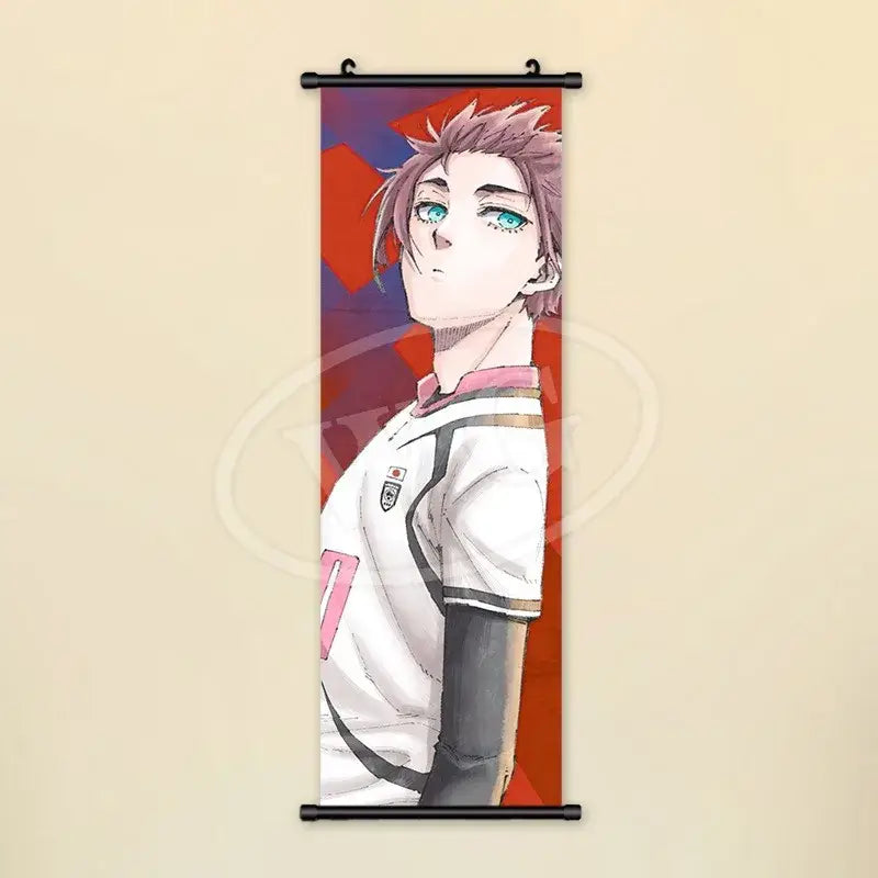 Blue lock wall art scroll painting canvas featuring a young male character in a white and pink soccer jersey