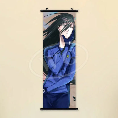 Blue lock scroll painting canvas wall art featuring anime character with long black hair in blue uniform with green emblem