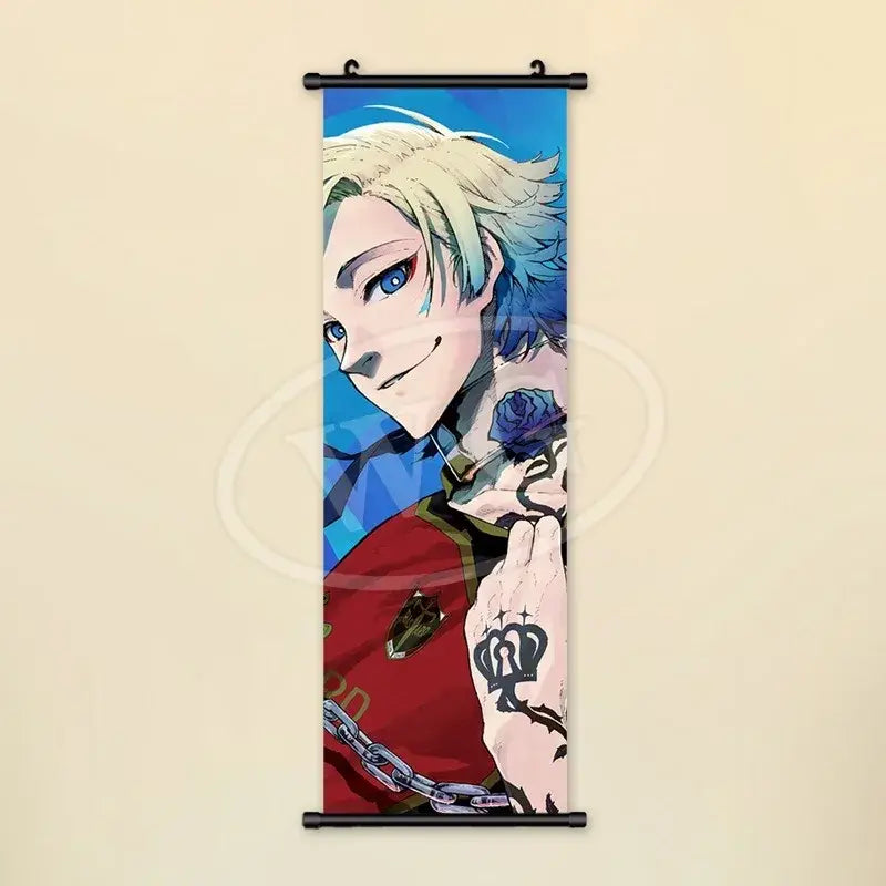 Blue lock wall art scroll painting canvas featuring blonde anime character in red outfit holding dark purple rose