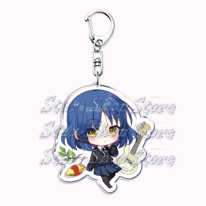 Blue-haired hitori gotoh chibi anime keychain with white guitar and food plate made of clear acrylic cartoon accessory
