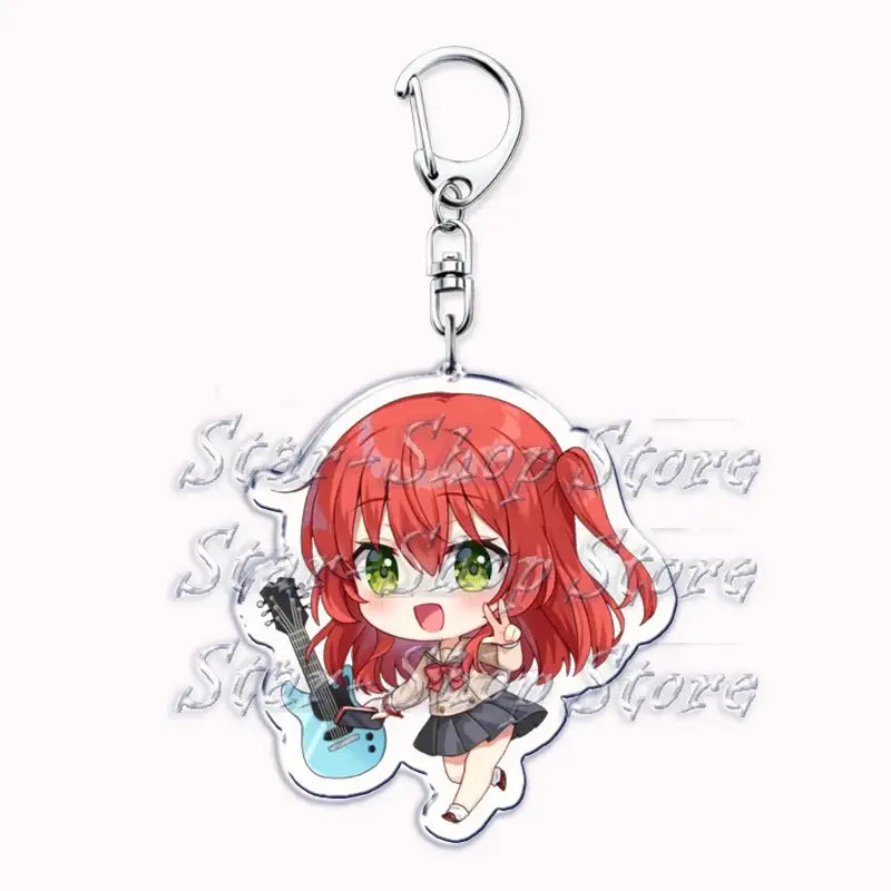 Translucent acrylic keychain of hitori gotoh from bocchi the rock featuring a red-haired anime girl with a blue guitar