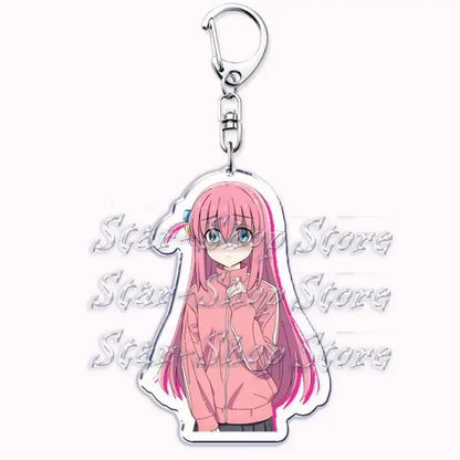 Pink-haired hitori gotoh keychain with clear acrylic body and silver clip from bocchi the rock cartoon acrylic collection