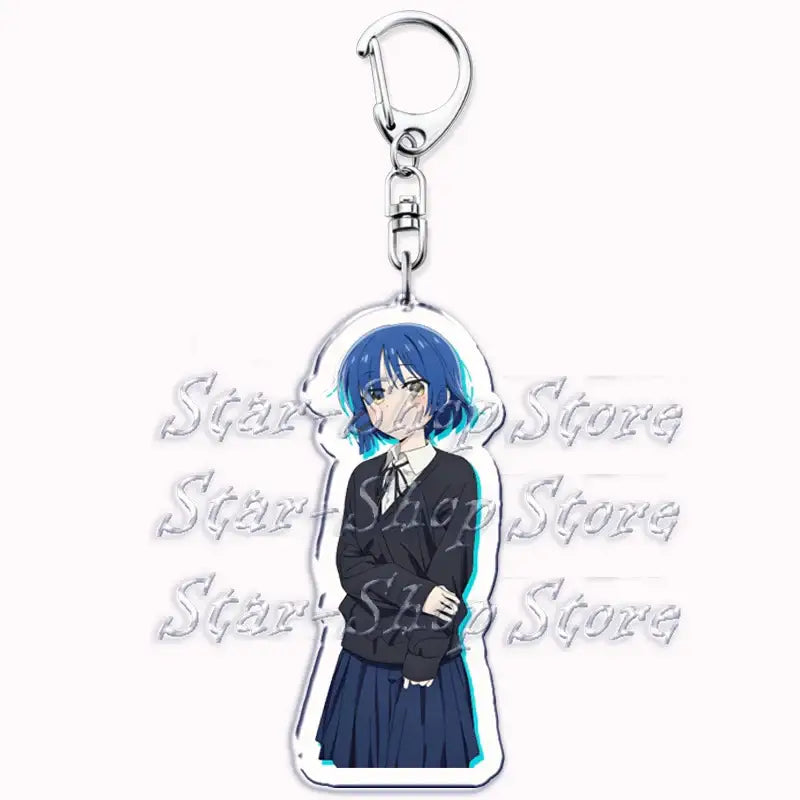 Blue-haired hitori gotoh keychain with clear acrylic body and silver metal clasp from bocchi the rock cartoon series